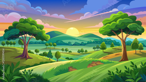 Grassy fields and trees with lush green foliage in green rolling hills below a blue sky in the light of sunset in summer