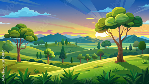 Grassy fields and trees with lush green foliage in green rolling hills below a blue sky in the light of sunset in summer