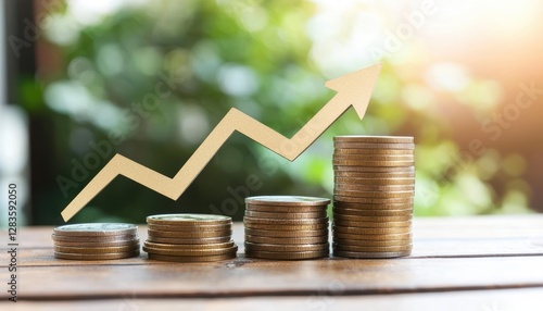 Wealth accumulation and financial success, stacked coins with a growth arrow illustrating return on investment and economic progress