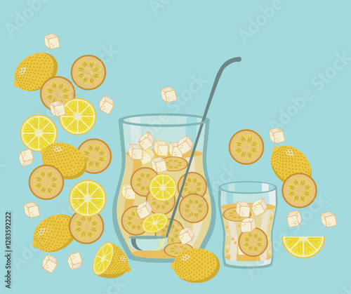 Vector illustration of lemon drink, lemons and ice cubes on blue background.