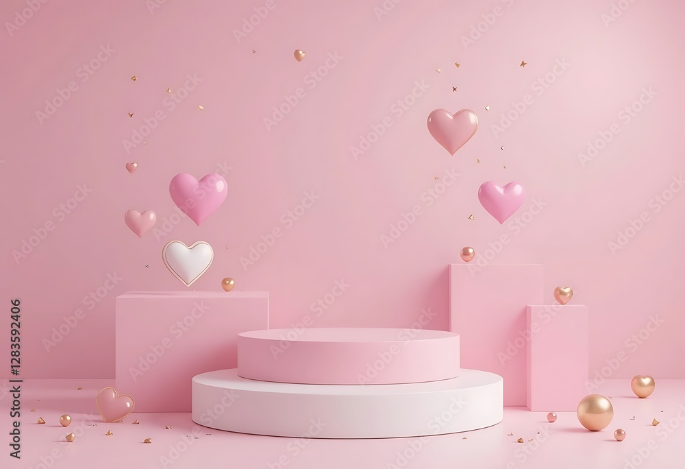 Pink hearts and floating confetti on display platform design Pink hearts and floating confetti on display platform design