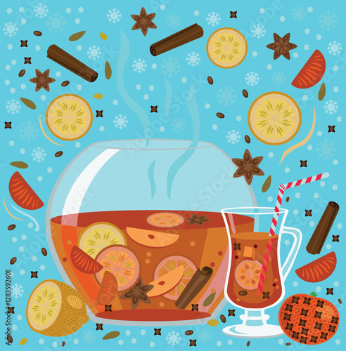 Vector illustration of winter fruit punch in glass bowl and glass