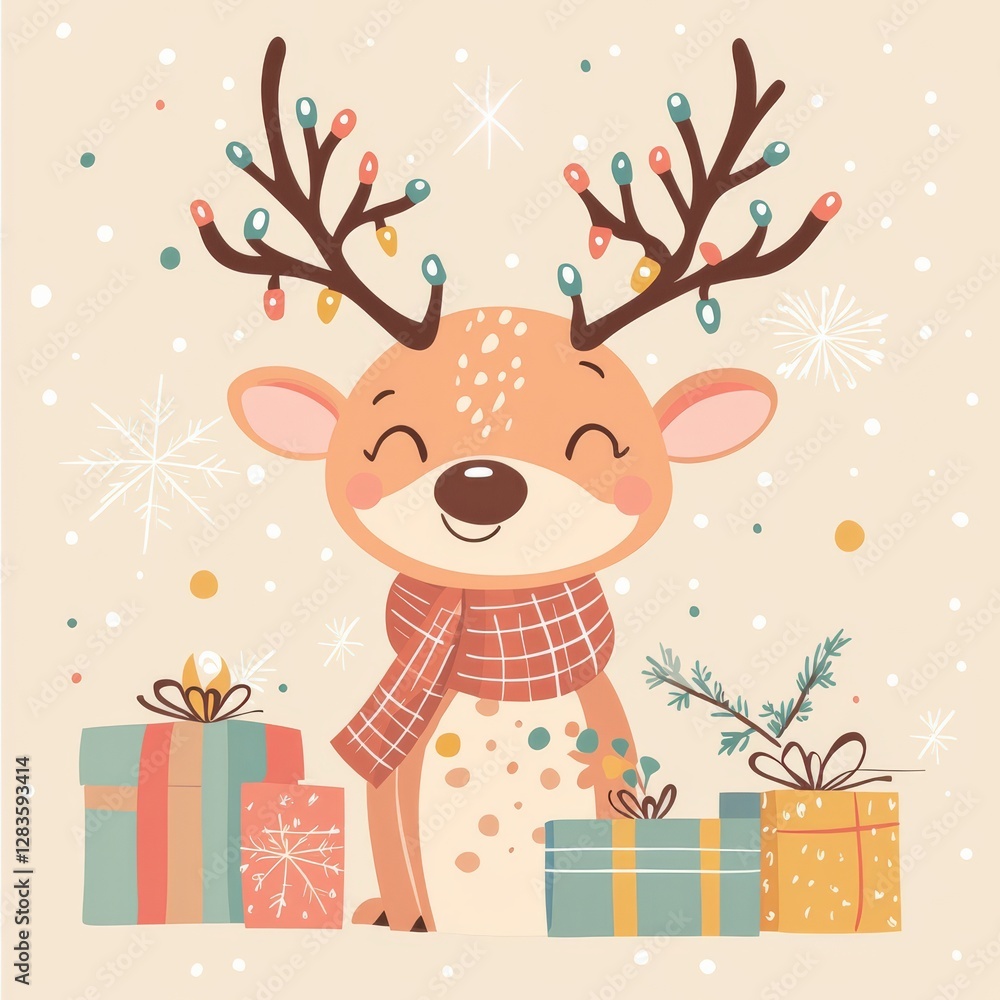 Naklejka premium Festive Deer Delight: A charming deer, adorned with twinkling lights on its antlers and a cozy scarf, stands amidst beautifully wrapped gifts, perfect for holiday cards, promotions, and more.