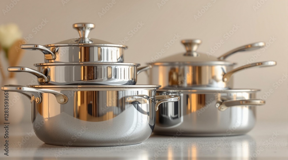 A set of three stainless steel pots with matching lids, arranged in a stack on a light surface. Represents cooking pots, kitchenware, and essential kitchen items A set of three stainless steel pots with matching lids, arranged in a stack on a light surface. Represents cooking pots, kitchenware, and essential kitchen items
