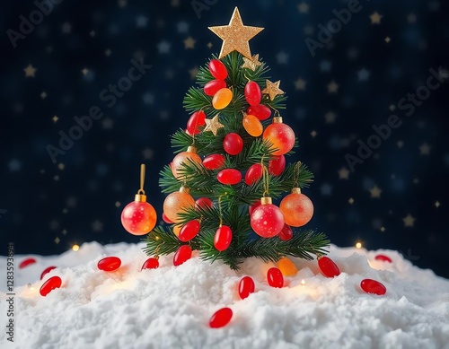 an image of a christmas tree made of jelly beans and candy, there is a small christmas tree with jelly beans on it photo