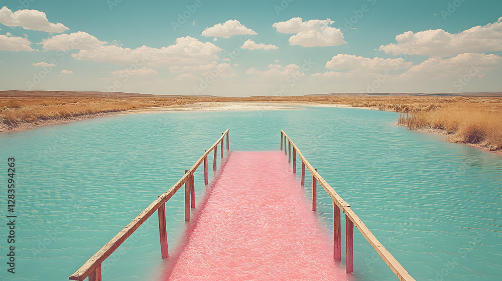 Obraz premium A Bridge to Tranquility: A vibrant pink bridge leads to a serene body of water under a blue sky with fluffy clouds, inviting viewers to a place of peace and contemplation.