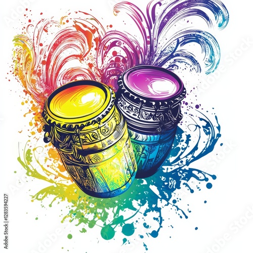 Drumming Sounds: Vivid and dynamic, two drums sit against an artistic background of color, encapsulating the infectious rhythm of a lively percussion performance. It's music for the eyes.