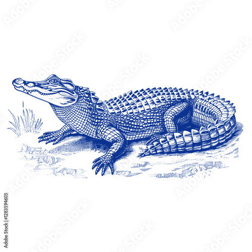 Hand drawn alligator reptile drawing blue vector