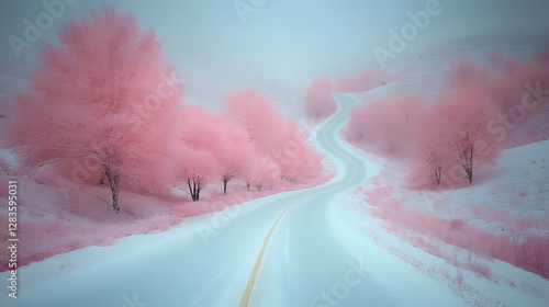 Pink Dreamscape: A winding road meanders through a surreal landscape of vibrant pink trees, evoking a sense of wonder and mystery.