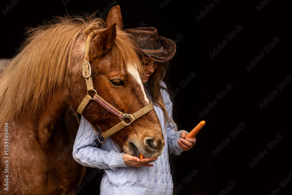 Fototapeta premium Happy equestrian: A young teenager girl and her horse interacting together in front of black background. The girl is feeding the horse carrots