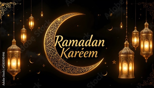 Elegant Ramadan Kareem Greeting Card with Golden Crescent Moon and Lanterns 