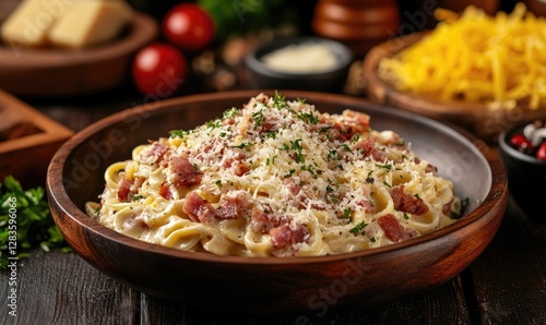 Creamy Carbonara Pasta Dish, Kitchen Setting