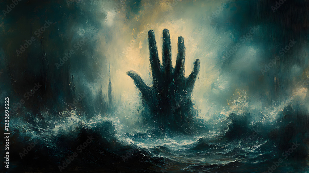 Desperate Reach: An artistic depiction of a giant hand emerging from a turbulent sea, its fingers outstretched, evoking a sense of struggle, desperation, and the unknown. Desperate Reach: An artistic depiction of a giant hand emerging from a turbulent sea, its fingers outstretched, evoking a sense of struggle, desperation, and the unknown.