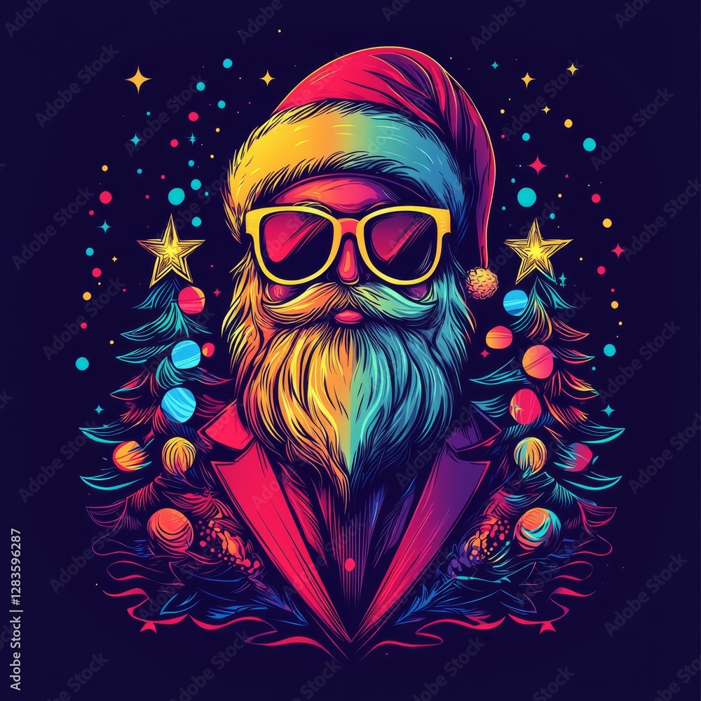 Fototapeta premium Santa's Dazzling Flair: A vibrant illustration of Santa Claus, exuding a cool and stylish persona, adorned with sunglasses, set against a lively backdrop.