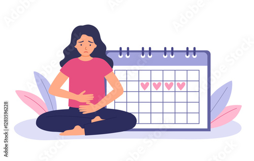 Woman having period pain concept vector illustration. Menstrual cycle calendar.