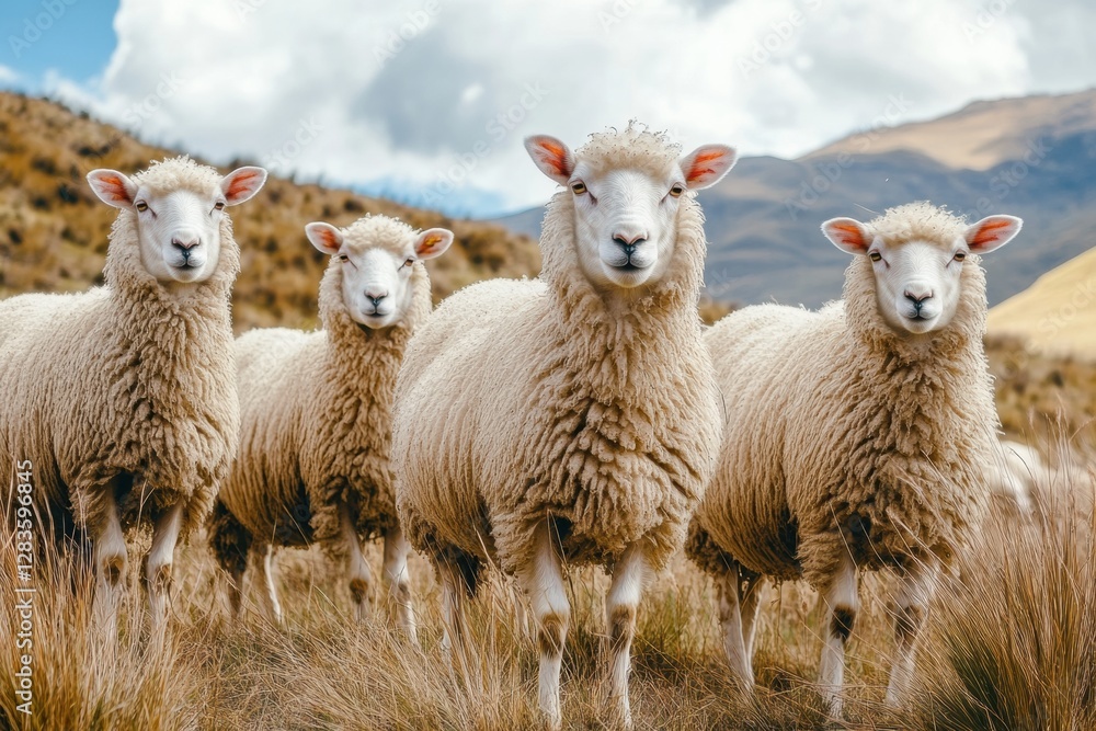Fototapeta premium Flock of fluffy sheep grazing peacefully in a lush mountain landscape under partly cloudy skies. Generative AI