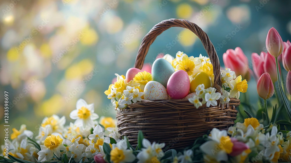 Pastel Easter eggs with spring flowers, a festive celebration of renewal and joy. Pastel Easter eggs with spring flowers, a festive celebration of renewal and joy.