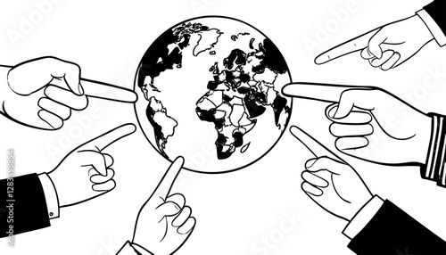 Global Politics and Sustainability – Hands Pointing at Earth Line Drawing Vector