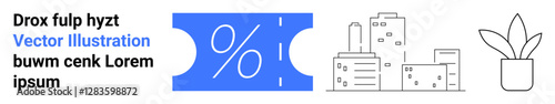 Discount coupon with percentage symbol, linear skyscrapers, and potted plant. Ideal for business, marketing, eco-friendly concepts, real estate, discounts minimalism urban lifestyle. Abstract line