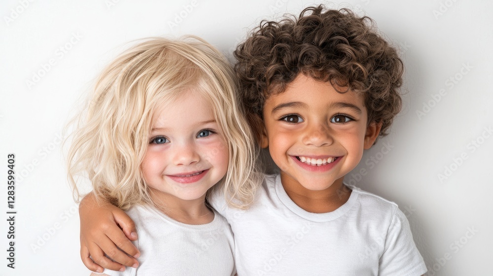 Two children smiling, friendship, studio portrait Two children smiling, friendship, studio portrait