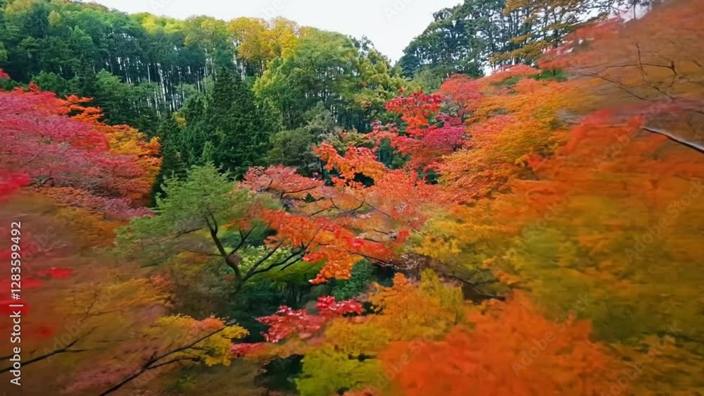 a Japanese autumn forest, showcasing vibrant red, orange, and yellow foliage, with a gentle breeze moving the leaves in slow motion a Japanese autumn forest, showcasing vibrant red, orange, and yellow foliage, with a gentle breeze moving the leaves in slow motion