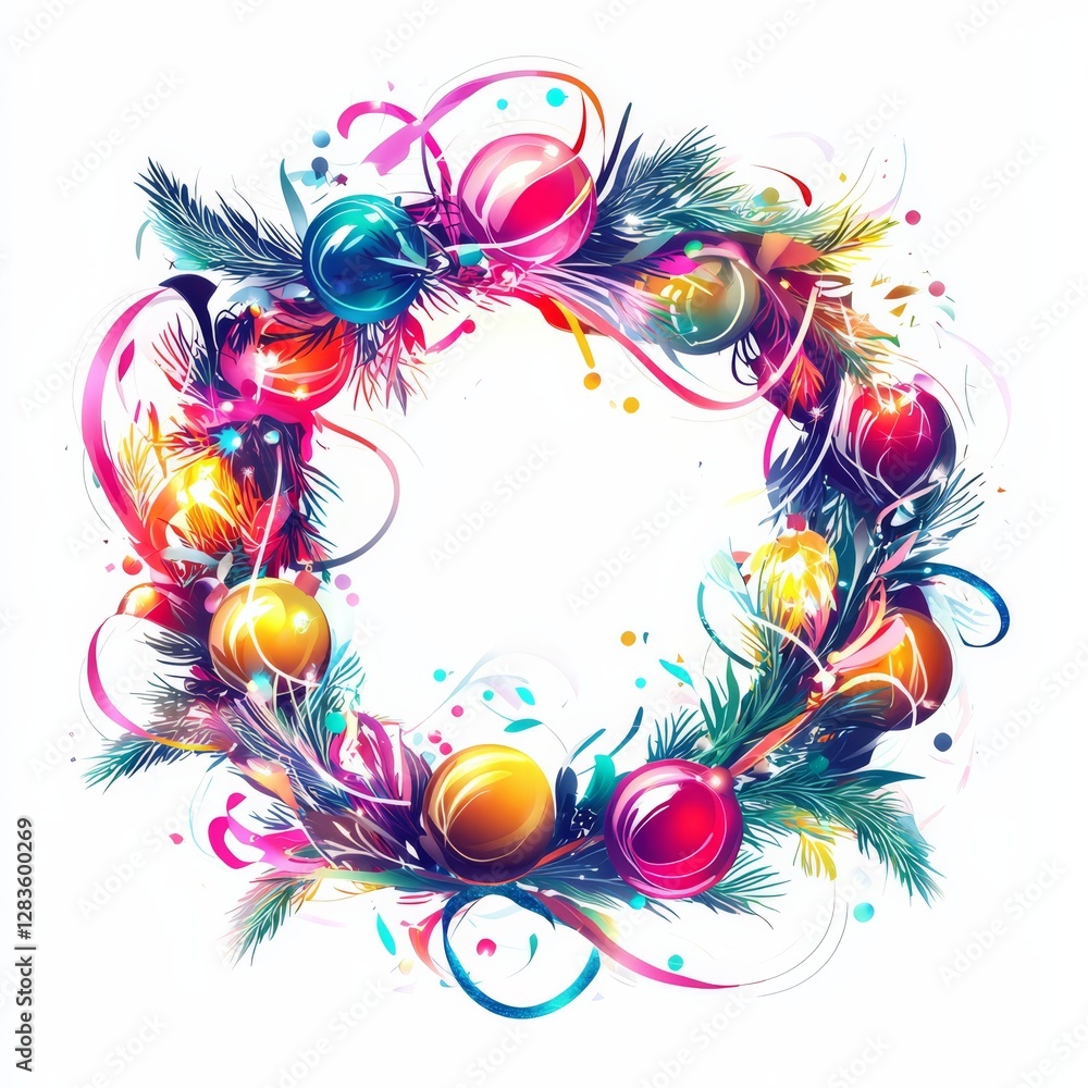 Festive Wreath of Celebration: A vibrant and colorful Christmas wreath, bursting with an array of decorative elements, epitomizes the festive cheer and joy of the holiday season. Festive Wreath of Celebration: A vibrant and colorful Christmas wreath, bursting with an array of decorative elements, epitomizes the festive cheer and joy of the holiday season.