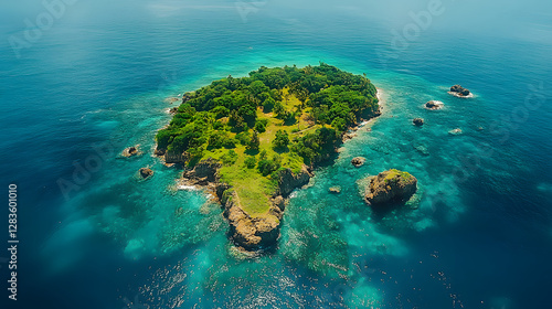 Island Oasis: Aerial view of a tropical island paradise, a verdant jewel nestled in the turquoise embrace of the ocean, with verdant foliage and coral reefs. 