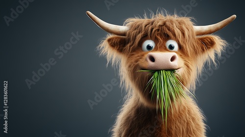 Playful Brown Highland Cow Cartoon Character Eating Grass