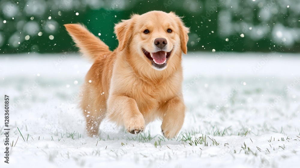 Playful Golden Retriever Puppy Running Through Snowy Field Playful Golden Retriever Puppy Running Through Snowy Field
