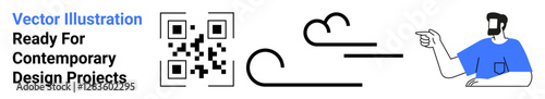 QR code, stylized wind lines, and man gesturing combine technology, communication, and motion. Ideal for digital innovation, smart design, branding, conceptual art e-commerce interactivity flat