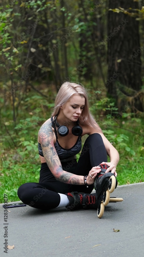Fototapeta premium Cute blonde puts on roller skates. She feels free and light while roller skating alone in the city park. Stunning Caucasian woman with a beautiful figure uses roller skates for outdoor sports.