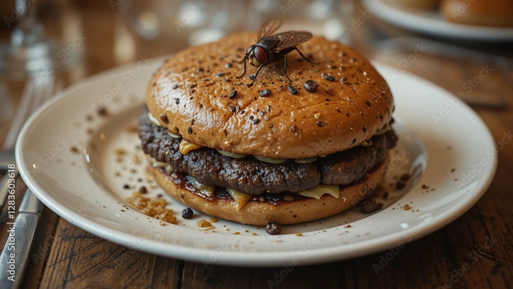 A flies stuck to the rotting burger on the plate. Unhealthy food concept A flies stuck to the rotting burger on the plate. Unhealthy food concept