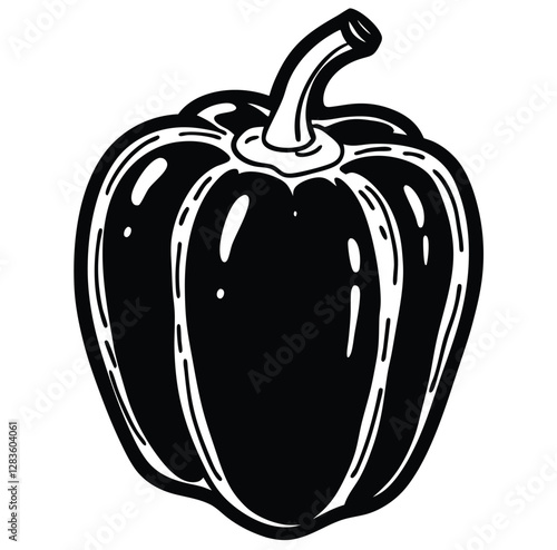 Bell pepper capsicum outline black and white cute drawing. The vegetable is the main focus of the image. The vegetable adds a touch of nature and freshness to the scene. The image is simple and clear