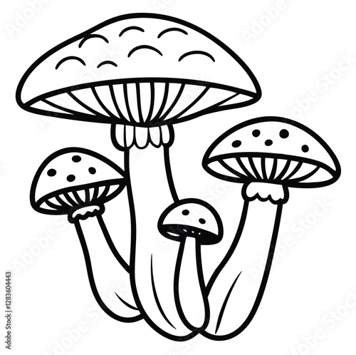 Mushroom outline black and white cute drawing. The vegetable is the main focus of the image. The vegetable adds a touch of nature and freshness to the scene. The image is simple and clear