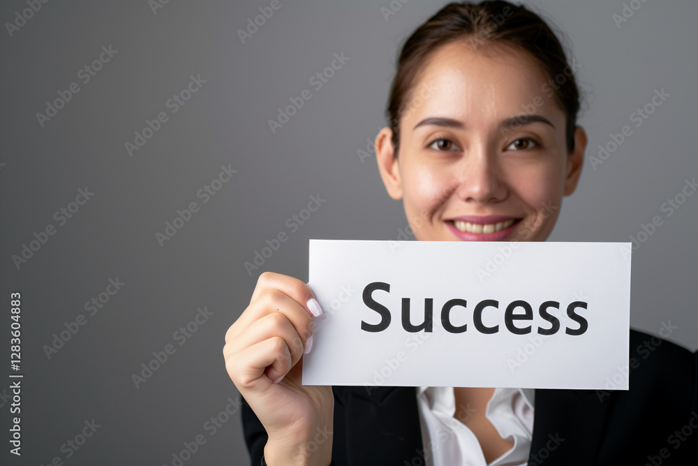 Woman in blazer proudly displaying success chart in a studio setting Woman in blazer proudly displaying success chart in a studio setting