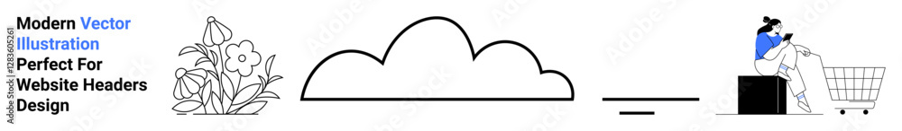 Linear flower and cloud, shopper placing item into cart. Ideal for e-commerce, environment, minimalism, nature, digital marketing, eco-shopping, innovation-focused flat landing page banner Linear flower and cloud, shopper placing item into cart. Ideal for e-commerce, environment, minimalism, nature, digital marketing, eco-shopping, innovation-focused flat landing page banner