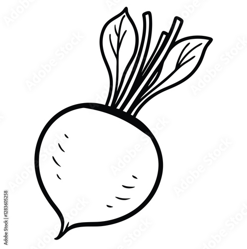Beetroot vegetable outline black and white cute drawing. The vegetable is the main focus of the image. The vegetable adds a touch of nature and freshness to the scene. The image is simple and clear.