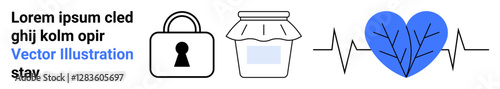 Lock, jar, blue heart with heartbeat line. Themes include security, preservation, health, safety, trust protection care. Ideal for health safety security medical storage trust conservation