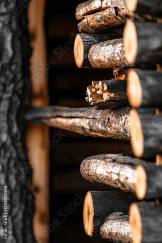Wallpaper Mural Close-up of stacked logs, showcasing their rustic texture and warm tones. Torontodigital.ca