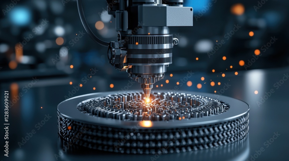 Precision laser cutting process on metallic surface with sparks and advanced machinery in a high-tech manufacturing environment Precision laser cutting process on metallic surface with sparks and advanced machinery in a high-tech manufacturing environment