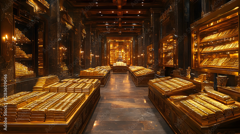 custom made wallpaper toronto digitalThe Vault of Golden Treasures: An opulent interior showcases an awe-inspiring vault overflowing with meticulously arranged bars and stacks, exuding an aura of wealth and grandeur.