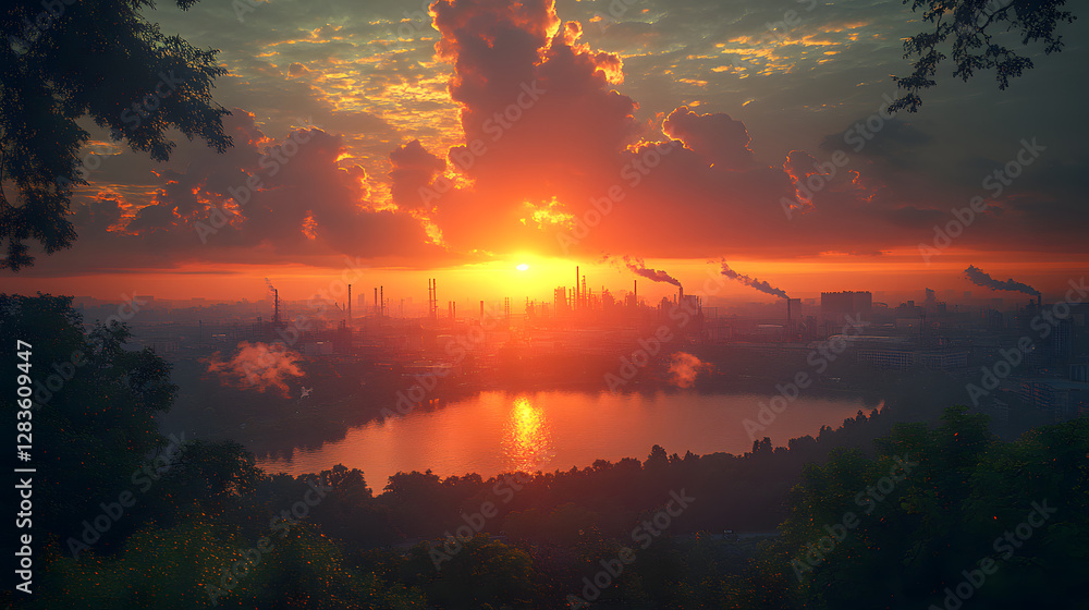 Fototapeta premium Sunset Industrial Landscape: A dramatic, breathtaking vista of an industrial landscape at sunset, with the setting sun casting a warm, golden glow over factories, smokestacks.