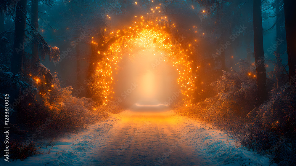 Fototapeta premium Enchanted Portal: A radiant portal of golden light beckons through a mystical forest, its inviting glow contrasting with the cool hues of the snow-covered landscape.