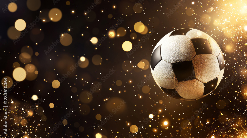 Naklejka premium Classic black and white soccer ball on glittering golden surface with glowing light bokeh, symbolizing football victory, championship celebration, and sports achievement