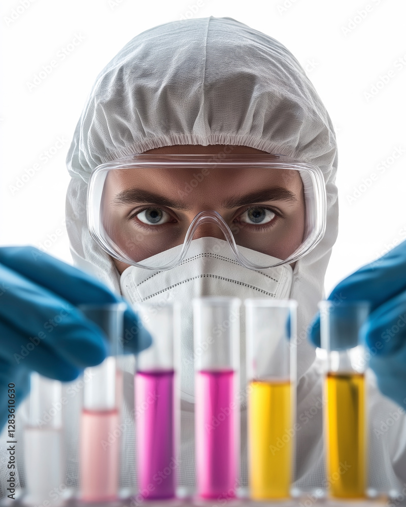A detailed close-up of a scientist in a lab setting, showcasing research with test tubes. A detailed close-up of a scientist in a lab setting, showcasing research with test tubes.