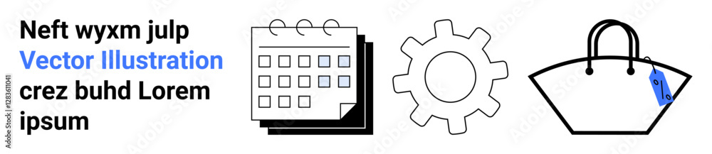 Calendar, gear, and handbag elements symbolizing organization, teamwork, fashion, and productivity. Ideal for business, planning, product design e-commerce lifestyle education and flat landing