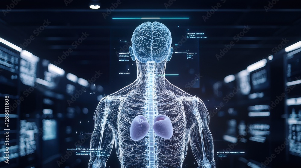 Futuristic Illustrative Model of Human Anatomy Displaying Organs, Nervous System, and Brain in a High-Tech Digital Environment Futuristic Illustrative Model of Human Anatomy Displaying Organs, Nervous System, and Brain in a High-Tech Digital Environment
