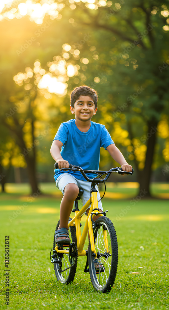 A cheerful young boy riding a yellow bicycle in a sunny park. The background features lush green trees and soft sunlight filtering through the leaves, creating a warm atmosphere. A cheerful young boy riding a yellow bicycle in a sunny park. The background features lush green trees and soft sunlight filtering through the leaves, creating a warm atmosphere.