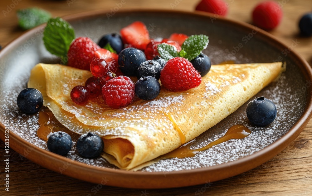 Delicious crepe with berries and caramel sauce Delicious crepe with berries and caramel sauce