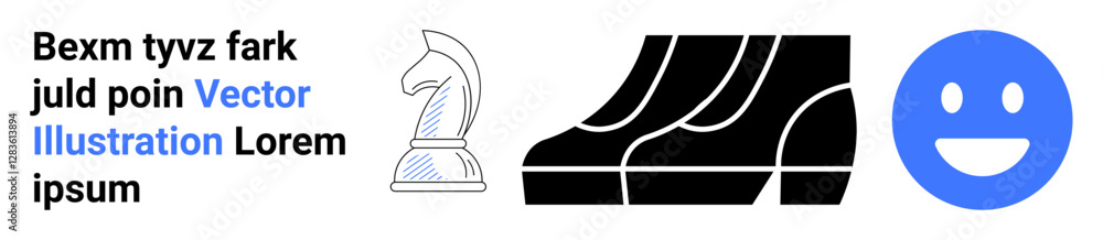 Fototapeta premium Black and white chess knight, bold geometric patterns, and blue smiling face icon. Ideal for strategy, design thinking, abstract art, creativity, emotions, user interface flat landing page banner